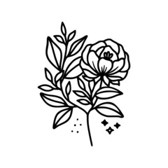 Fototapeta premium Hand drawn rose, peony flower and botanical leaf branch illustration. Black line art vector feminine logo. Symbol and icon for wedding, business card, cosmetics, jewel, brand, and beauty products
