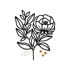 Hand drawn rose, peony flower and botanical leaf branch illustration. Black line art vector feminine logo. Symbol and icon for wedding, business card, cosmetics, jewel, brand, and beauty products