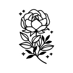 Hand drawn rose, peony flower and botanical leaf branch illustration. Black line art vector feminine logo. Symbol and icon for wedding, business card, cosmetics, jewel, brand, and beauty products