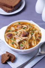 Soup with mushrooms, chicken and noodles in a white plate. Traditional Russian dish. Close-up.