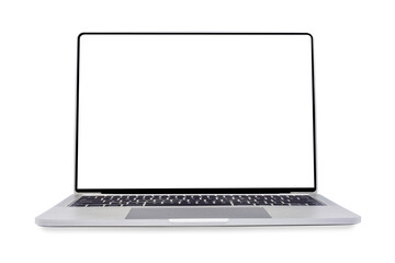 Front view of Open laptop computer. Modern thin edge slim design. Blank white screen display for mockup and gray metal aluminum material body isolated on white background with clipping path.