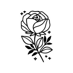 Hand drawn rose, peony flower and botanical leaf branch illustration. Black line art vector feminine logo. Symbol and icon for wedding, business card, cosmetics, jewel, brand, and beauty products