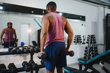 Fototapeta na wymiar Weight training African doing bodybuilding in gym