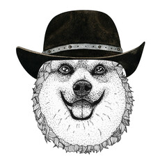 corgi dog head hand drawn illustration. Wild animal wearing cowboy hat Wild west