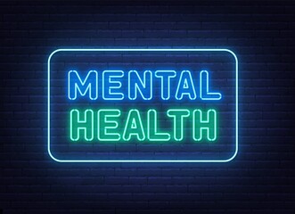 Fototapeta premium Mental health neon sign on brick wall background .