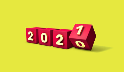 new year change 2020 2021 gold red cube yellow background