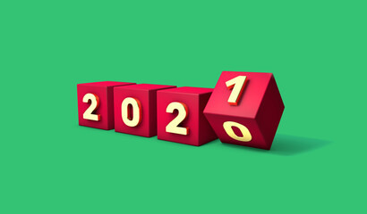 new year change 2020 2021 gold red cube green background