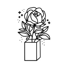 Hand drawn gift box, vase, rose flower and botanical leaf branch illustration. Black line art vector feminine logo. Symbol and icon for wedding card, cosmetics, jewel, brand, and beauty products