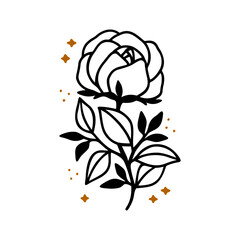 Hand drawn rose flower and botanical leaf branch illustration. Black line art vector feminine logo. Symbol and icon for wedding, business card, cosmetics, jewel, brand, and beauty products