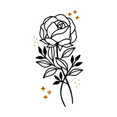 Hand drawn rose flower and botanical leaf branch illustration. Black line art vector feminine logo. Symbol and icon for wedding, business card, cosmetics, jewel, brand, and beauty products