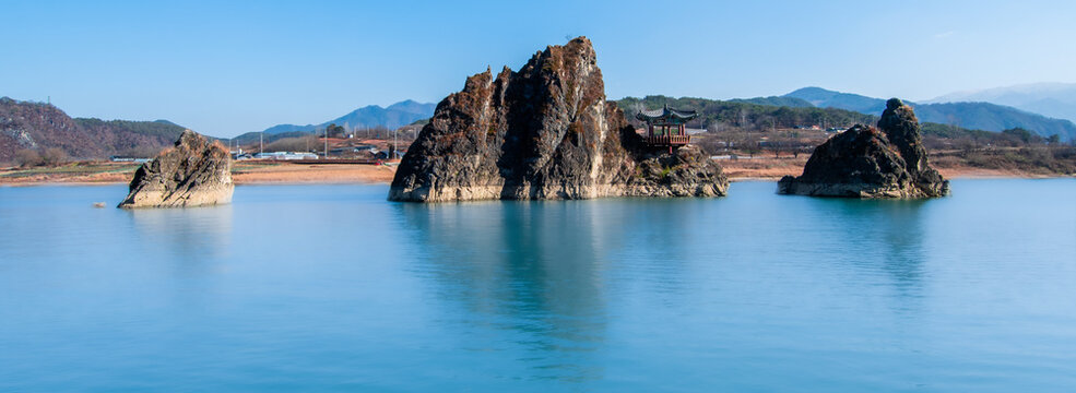 Dodamsambong Peaks. Three stone peaks rising above the Namhan River in Danyang, South Korea. 