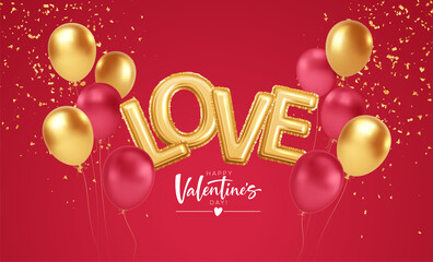 Happy Valentines Day gold and red balloons with the inscription love from gold foil helium balloons. For festive design of flyer, poster, card, banner. Vector illustration