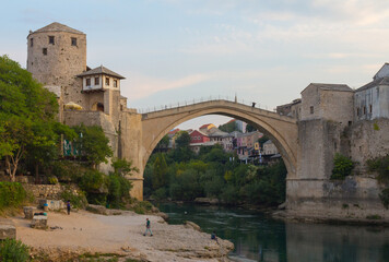 Fototapeta na wymiar View of the historic Old Bridge in Mostar at dawn. Bosnia and Herzegovina