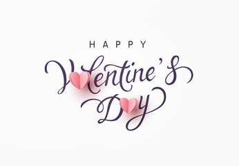 Valentine's Day greeting card and pink paper flying hearts on white background. Vector symbols of love with lettering postcard or romantic banner
