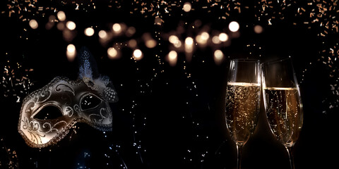 Champagne for new year and carnival greetings. Abstract dark bokeh background with champagne...