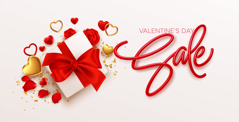 Valentines day sale design template with gift box with red bow, gold and red hearts on white background. Vector illustration