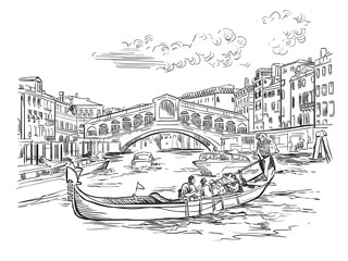 Venice skyline hand drawing vector illustration Rialto Bridge
