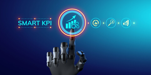 Smart KPI Key performance indicator business productivity. Robotic arm 3d rendering.