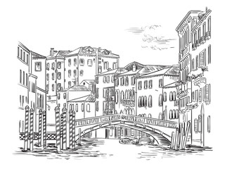 Venice cityscape hand drawing vector illustration and bridge