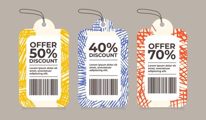 Colorful hand drawn textures style tags set. Sale labels Vector design