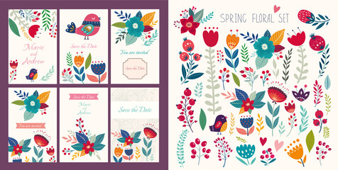 Beautiful romantic floral collection with flowers, leaves, floral bouquets, flower compositions. Save the Date cards
