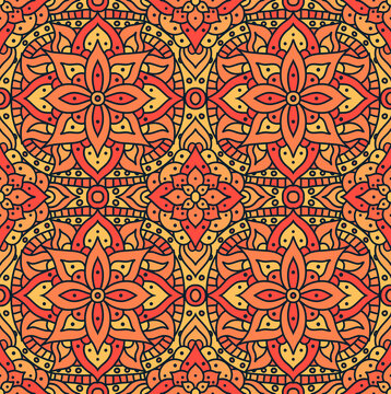 Indian mandala pattern seamless vector design. Vector seamless pattern for fabrique. Oriental abstract orange floral print.