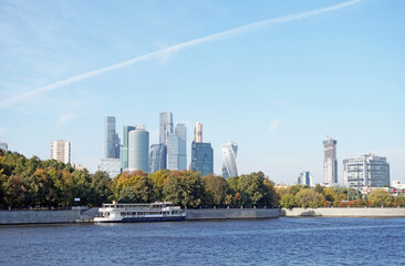 View of the Moscow River and the modern international business district Moscow-City