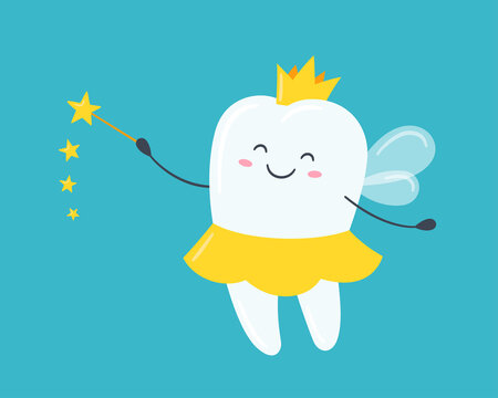 recommend clip art: Children tooth fairy. Cute tooth with wings, a crown and a magic wand. Vector illustration in cartoon style