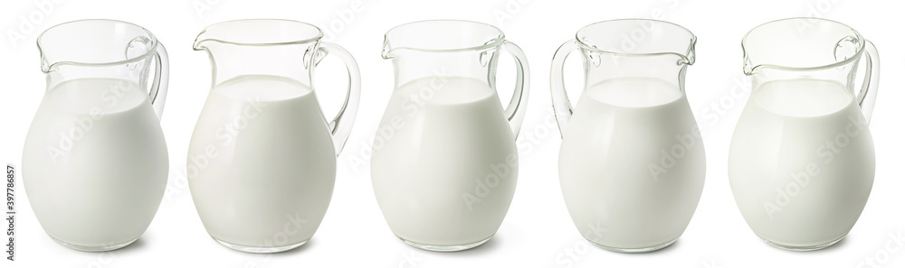 Wall mural set of big milk jars isolated on white background. glass pitchers for diary products