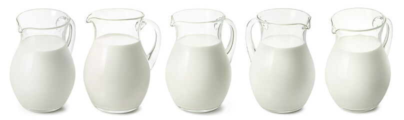 Set of big milk jars isolated on white background. Glass pitchers for diary products