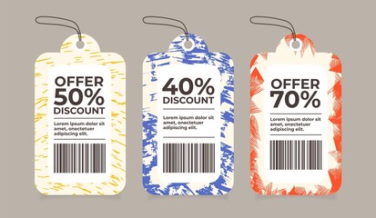 Colorful hand drawn textures style tags set. Sale labels Vector design