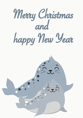 Vector hand-drawn greeting card with cute seal and happy Christmas and New year. Doodle illustration.