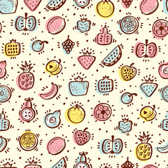 Food background. Doodle Fruits and Berries Seamless pattern. Vector illustration
