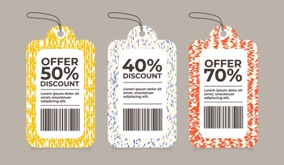 Colorful hand drawn textures style tags set. Sale labels Vector design