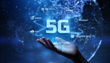 5G Fifth generation fast speed internet connection. Networking and telecommunication concept.