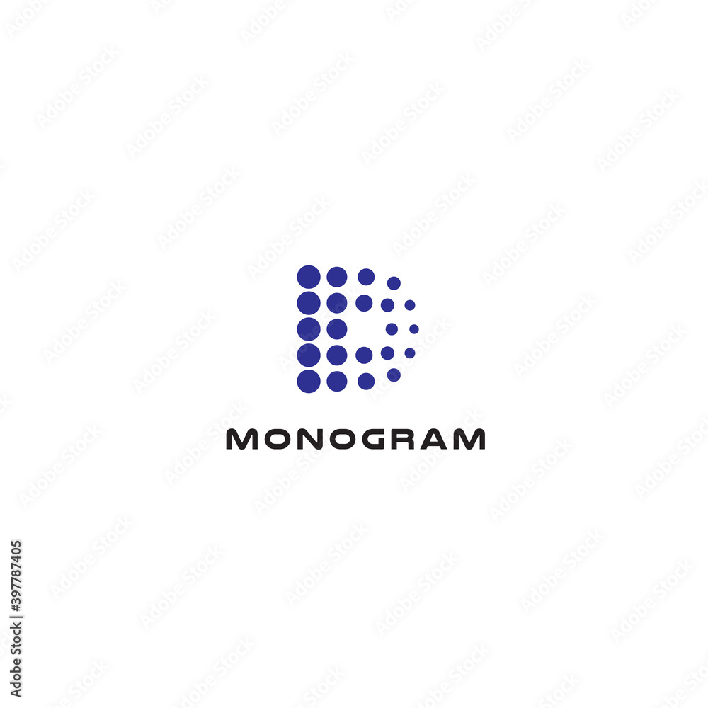 Poster dotted letter d, abstract style vector logo concept. digital innovation technology, isolated icon on