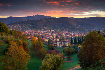 Beautiful sunrise over the Bergamo city in northern Italy