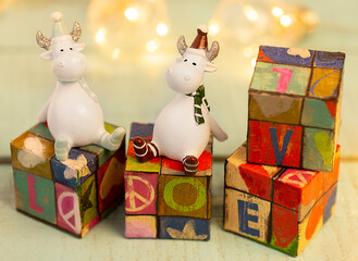 decorative gobies sitting on rebus cubes, with the encrypted word love, made at home, on a wooden...