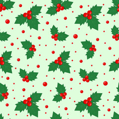 Endless Christmas Pattern. Holly Berries Background. Vector illustration.