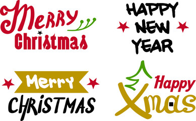 Set of Happy Christmas handwritten lettering with decorative elements. Vector illustration. 
