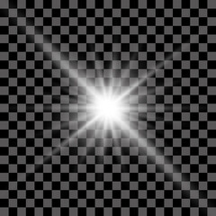 White beautiful light explodes with a transparent explosion. Vector, bright illustration for perfect effect with sparkles. Bright Star. Transparent shine of the gloss gradient, bright flash.