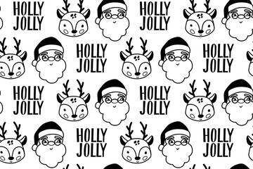 Christmas seamless pattern with baby deer and funny Santa Claus and Holly Jolly lettering. Doodle sketch style. Xmas texture, wrapping paper.