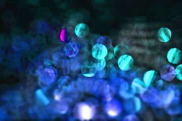 Christmas  blue green  lights on black night  background,  bright glow bokeh.