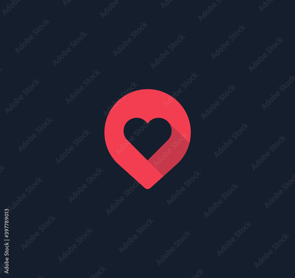 Poster Red Pin button with heart flat icon, map pointer, favorite places. Love pointer, dating service, love search service logo concept. isolated vector minimal design