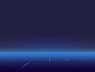 Retro style grid background eighties banner. Blue grid plane with glowing horizon. Blue and light blue gradients glowing grid. Futuristic tile and texture. Geometric grid horizon background.