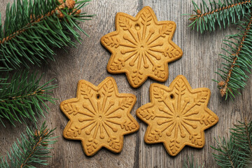 Homemade christmas gingerbread cookies on a wooden table