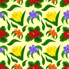 Spring flowers seamless pattern (hibiscus, tulip, lily, iris). Vector illustration.