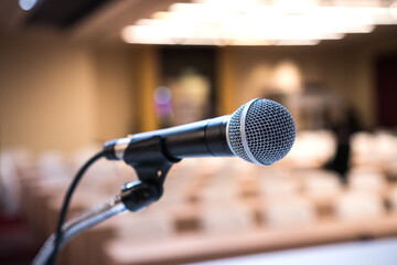 Microphones for speech or speaking in seminar Conference room, talking for lecture to audience university, Event light convention hall Background. Business Talk Presentation concept