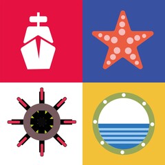illustrator vector graphic icon of the sea, starfish, sea ship, rudder, and porthole, perfect for collections of marine icons, sea symbols, web, apps, etc.