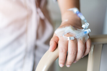 Hospital quarantine room, Quarantine patient in treatment of COVID-19 Pandemic Coronavirus Woman hospital isolation with Dripping of IV solution in alone, Coronavirus Disease 2019 spreading concept